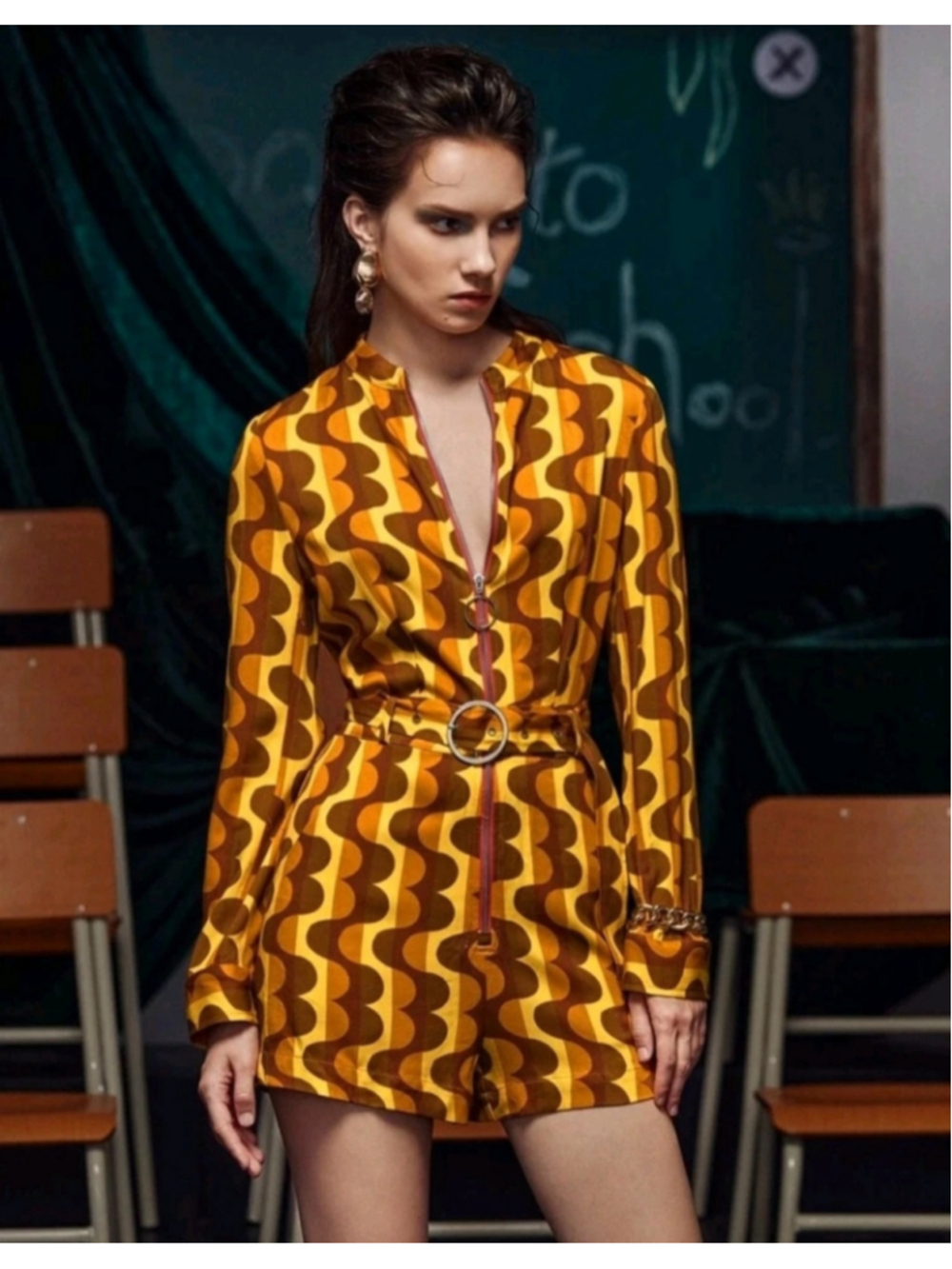 Women's SHEIN X Simone Rogers Retro 70s Print Romper Size S Yellow Brown